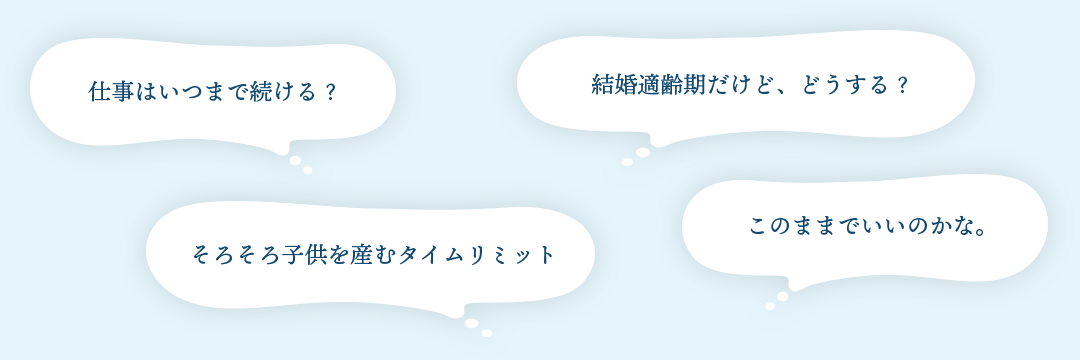 「仕事はいつまで続ける？」「結婚適齢期だけど、どうする？」「そろそろ子供を産むタイムリミット」「このままでいいのかな。」